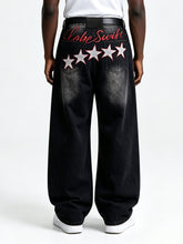 Men Black Faded Baggy Wide Leg Jeans Star & Letter Embroidery Streetwear Denim Pants