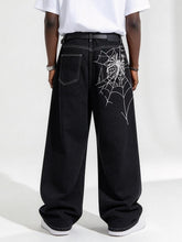 Men's Black Baggy Denim Jeans, Spider Web Embroidery Wide Leg Streetwear Loose Fit Y2K Gothic Jeans for Men