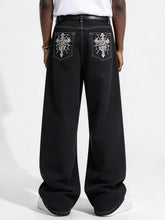 Men's Black Baggy Wide Leg Jeans, Skull Spider Web Embroidery Back Pockets Gothic Y2K Streetwear Denim Pants
