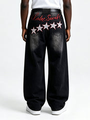 Men Black Faded Baggy Wide Leg Jeans Star & Letter Embroidery Streetwear Denim Pants