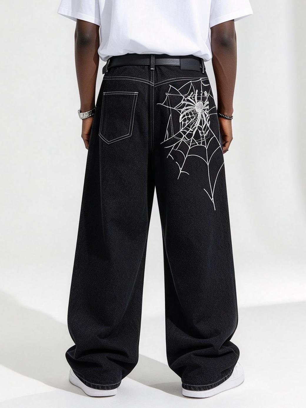 Men's Black Baggy Denim Jeans, Spider Web Embroidery Wide Leg Streetwear Loose Fit Y2K Gothic Jeans for Men