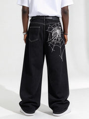 Men's Black Baggy Denim Jeans, Spider Web Embroidery Wide Leg Streetwear Loose Fit Y2K Gothic Jeans for Men