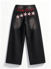 Men Black Faded Baggy Wide Leg Jeans Star & Letter Embroidery Streetwear Denim Pants