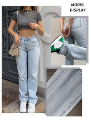 NVFelix Vintage Casual Jeans Women Mid-waist Baggy Straight Style Splicing Design Y2k Bule Washed Distressed Trousers
