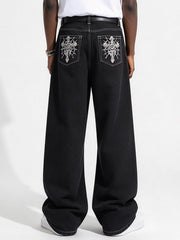 Men's Black Baggy Wide Leg Jeans, Skull Spider Web Embroidery Back Pockets Gothic Y2K Streetwear Denim Pants